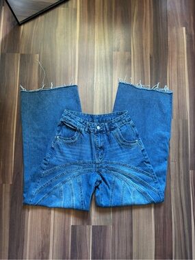 Blue Wide-Leg Flare Jeans with Decorative Seams